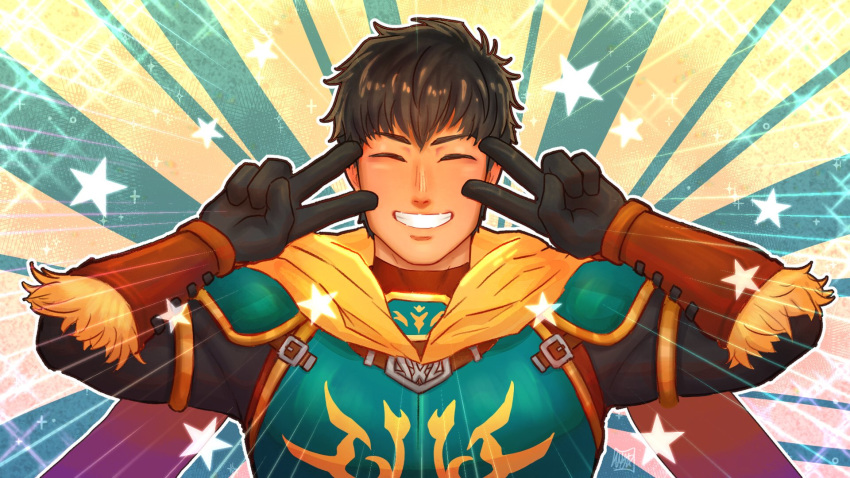1boy, arash_(fate), armor, bangs, black_hair, closed_eyes, dark_skin, dark_skinned_male