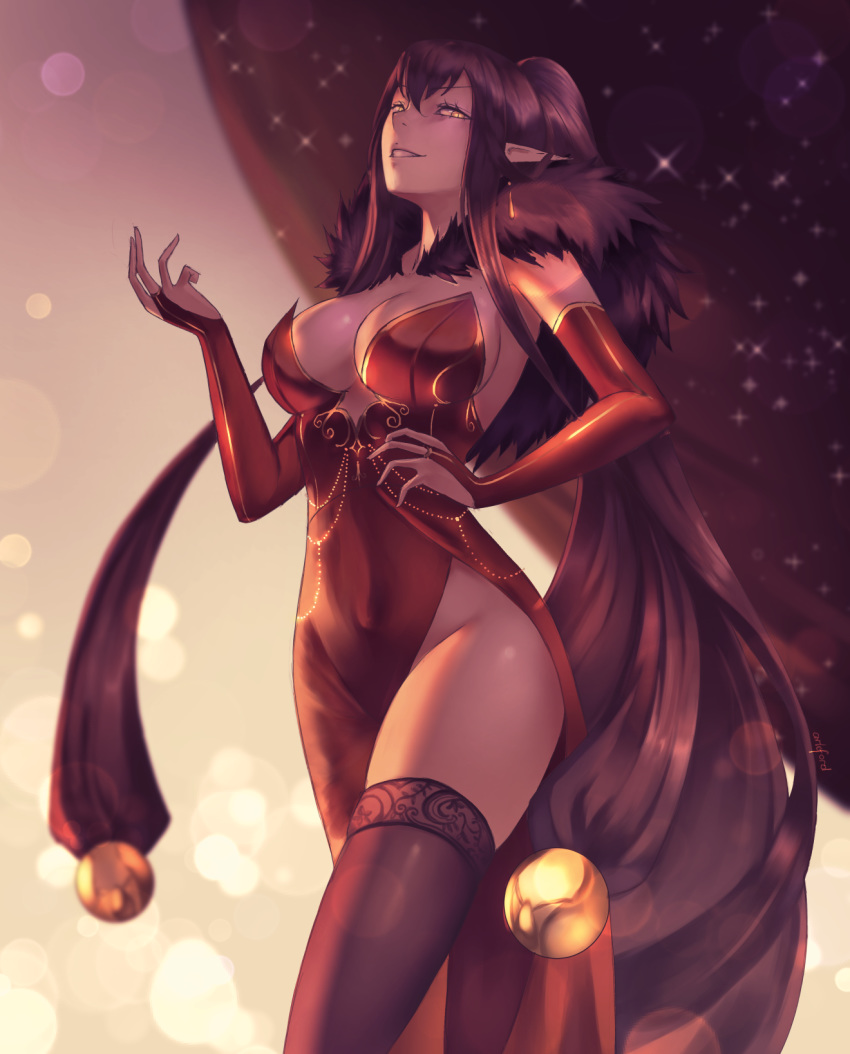 1girl, absurdly_long_hair, alternate_costume, ark_ford, black_hair, black_legwear, bridal_gauntlets, dress