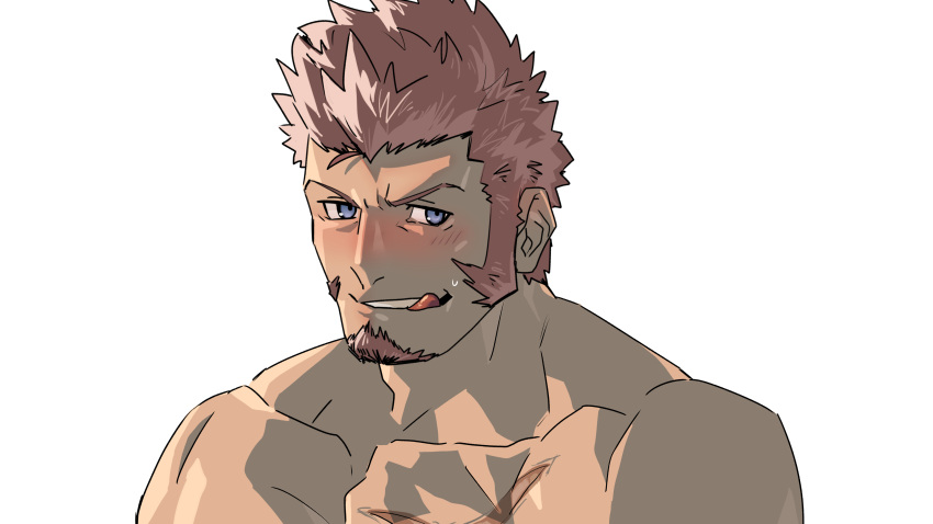 1boy, absurdres, bara, beard, blue_eyes, blush, brown_hair, chest