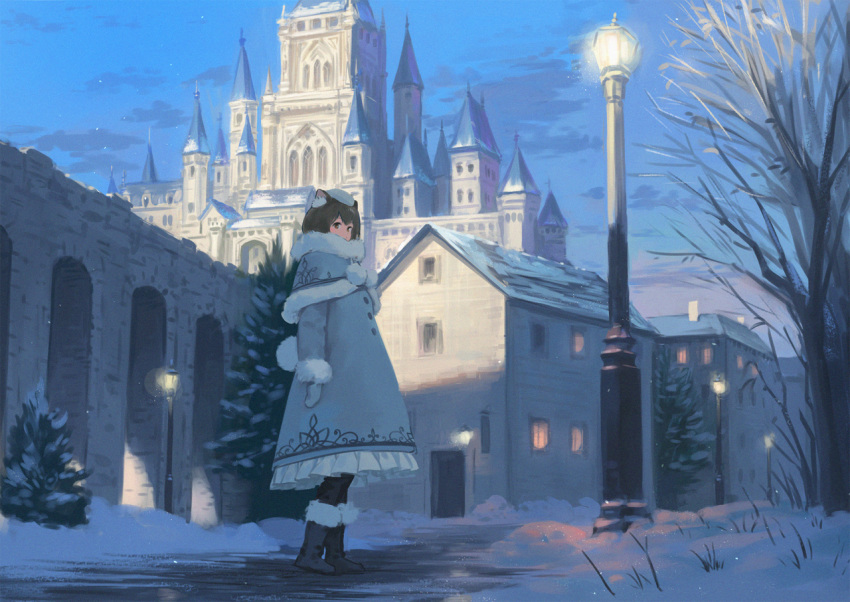 1girl, animal_ear_fluff, animal_ears, bare_tree, black_footwear, black_legwear, boots, bridge