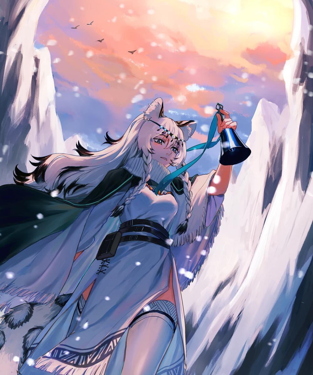 1girl, animal_ear_fluff, animal_ears, arknights, arm_up, bangs, bell, belt