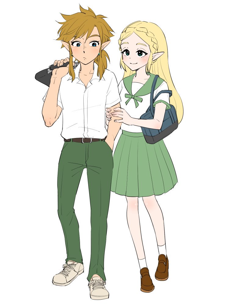 alternate_costume, bag, blonde_hair, blush, brown_footwear, brown_hair, djmn_c, elf