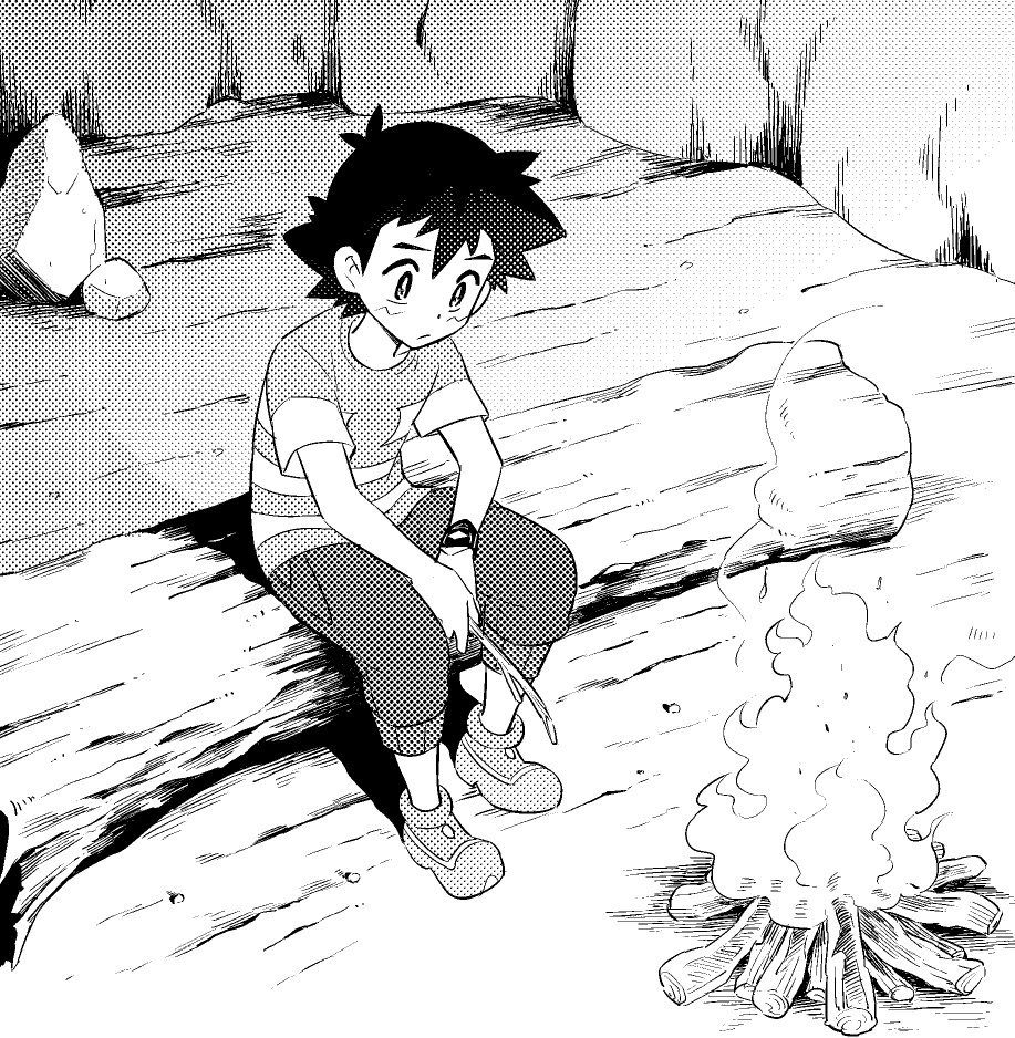 1boy, black_hair, black_shorts, campfire, camping, depressed, djmn_c, holding_stick