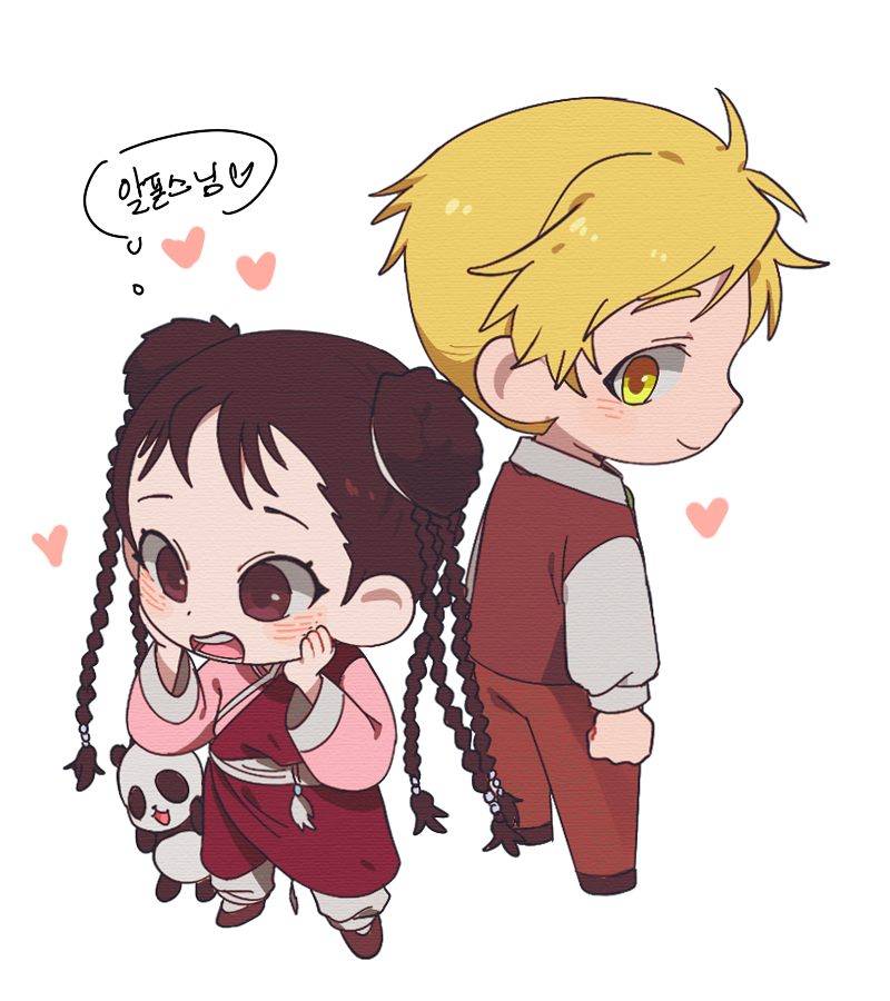 1boy, 1d1ot, 1girl, :3, alphonse_elric, animal, arms_at_sides, back-to-back, black_eyes, black_footwear, blonde_hair, blush, braid, brown_pants, chibi, chinese_clothes, clenched_hands, collared_shirt, d:, dot_nose, double_bun, eyelashes, facing_away, formal, from_above, full_body, fullmetal_alchemist, hands_on_own_cheeks, hands_on_own_face, happy, heart, height_difference, korean_text, legs_apart, long_sleeves, looking_at_another, looking_away, looking_back, looking_down, may_chang, multiple_braids, open_mouth, panda, pants, profile, shiny, shiny_hair, shirt, smile, standing, teeth, thought_bubble, translation_request, waistcoat, white_shirt, wide_sleeves, xiao-mei, yellow_eyes