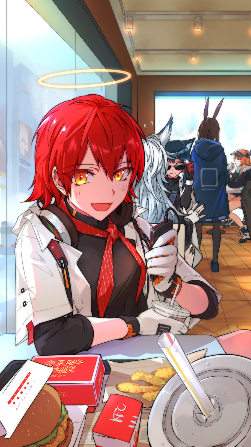 5girls, :d, adjusting_eyewear, amiya_(arknights), animal_ears, arknights, bangs, black_hair, black_jacket, black_nails, black_shirt, blue_jacket, boots, brown_hair, commentary_request, croissant_(arknights), cup, disposable_cup, drinking_straw, exusiai_(arknights), eyebrows_visible_through_hair, fast_food, fingerless_gloves, flying_sweatdrops, food, glint, gloves, hair_between_eyes, halo, hamburger, hand_up, hao_guangze_yu, highres, holding, hood, hooded_jacket, horns, indoors, jacket, kfc, lappland_(arknights), long_hair, long_sleeves, looking_at_viewer, looking_over_eyewear, multiple_girls, nail_polish, open_clothes, open_jacket, open_mouth, orange_hair, partial_commentary, pov_across_table, rabbit_ears, red_neckwear, redhead, shadow, shirt, short_hair, silver_hair, sitting, smile, standing, sunglasses, texas_(arknights), visor_cap, white_footwear, white_gloves, white_jacket, wolf_ears, yellow_eyes
