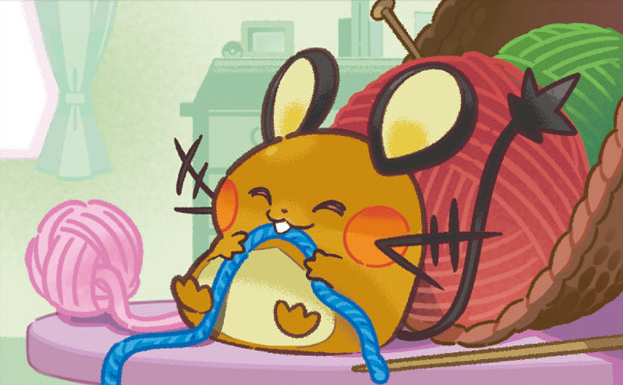 ^_^, basket, biting, book, closed_eyes, creature, curtains, dedenne, gen_6_pokemon, happy, holding, indoors, mizutani_megumi, official_art, poke_ball, poke_ball_(generic), pokemon, pokemon_(creature), pokemon_trading_card_game, sitting, solo, window, yarn, yarn_ball