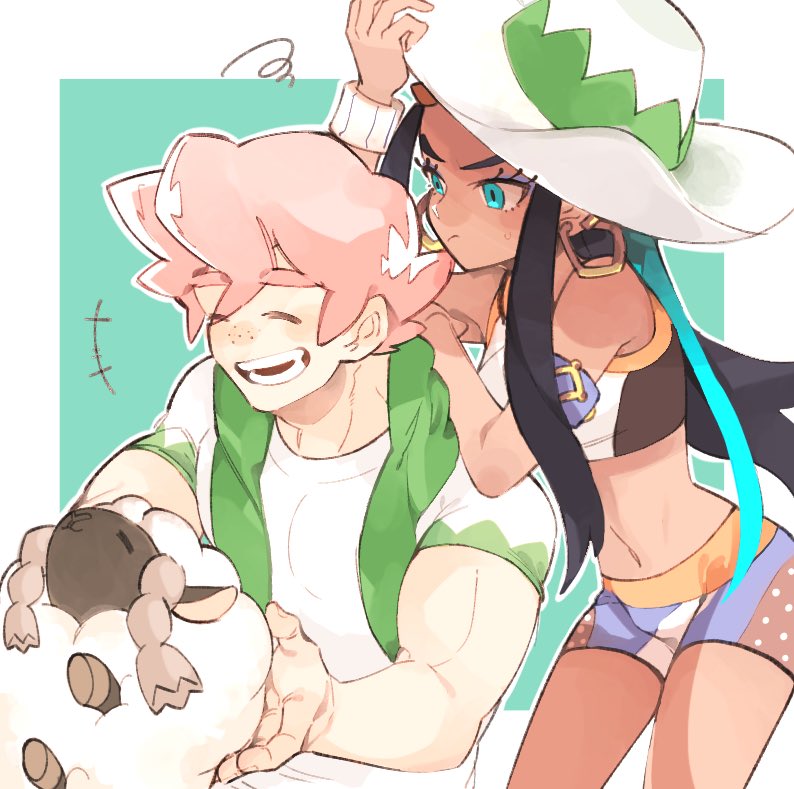 +++, 1boy, 1girl, :/, ^_^, aqua_background, arm_on_shoulder, arm_support