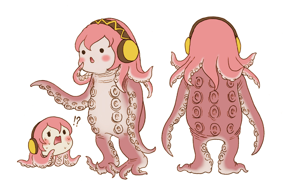 !?, 1girl, blush, commentary_request, creature, headphones, ikuramaru, looking_at_another, multiple_views, open_mouth, simple_background, solid_circle_eyes, solid_oval_eyes, standing, sweat, takoluka, tentacles, vocaloid, white_background