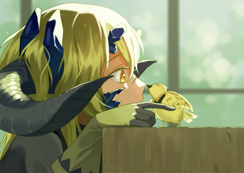 1girl, arknights, bangs, bird, brown_eyes, estelle_(arknights), facial_scar, gloves