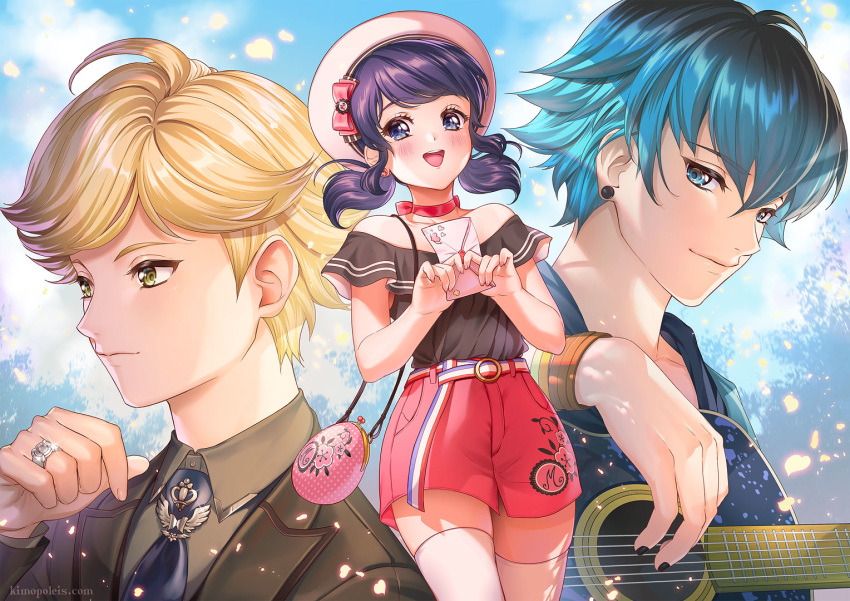 1girl, 2boys, adrien_agreste, aqua_eyes, bangs, bare_shoulders, belt, black_hair, black_nails, blonde_hair, blue_eyes, blush, bow, breasts, choker, collarbone, commentary, day, ear_piercing, eyebrows_visible_through_hair, french_commentary, guitar, hair_ornament, holding_letter, instrument, jewelry, kimopoleis, long_hair, looking_at_viewer, luka_couffaine, marinette_dupain-cheng, miraculous_ladybug, multiple_boys, necktie, outdoors, piercing, pink_bow, pink_choker, pink_hair, pink_shorts, ring, shorts, smile, thigh-highs, twintails, uniform, white_belt, white_headwear, white_legwear, yellow_eyes