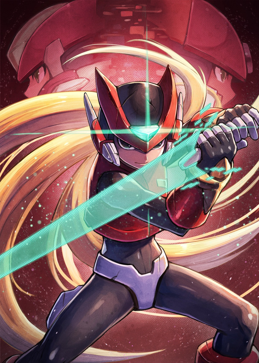 android, blonde_hair, closed_mouth, energy_blade, energy_sword, helmet, highres, holding
