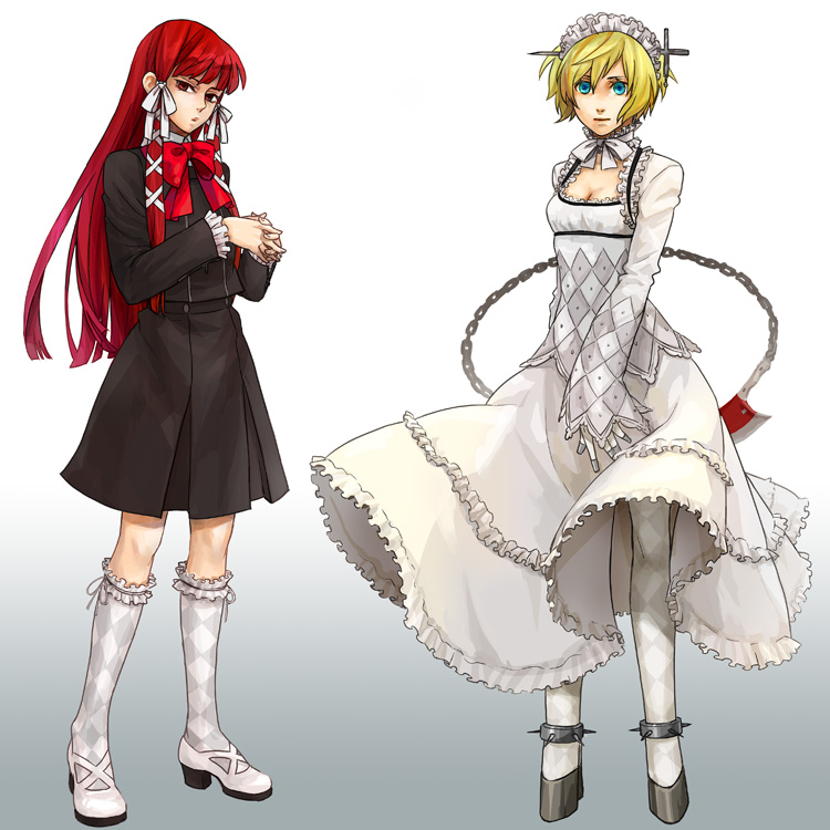 aegis, blonde_hair, blue_eyes, cosplay, costume_switch, dress, gloves, gothic_lolita, karakuri_chouchou, koaki, long_hair, multiple_girls, persona, persona_3, red_eyes, red_hair, redhead, ribbon, school_uniform, short_hair, socks, thigh-highs, thighhighs, yoshino_chidori, zettai_ryouiki