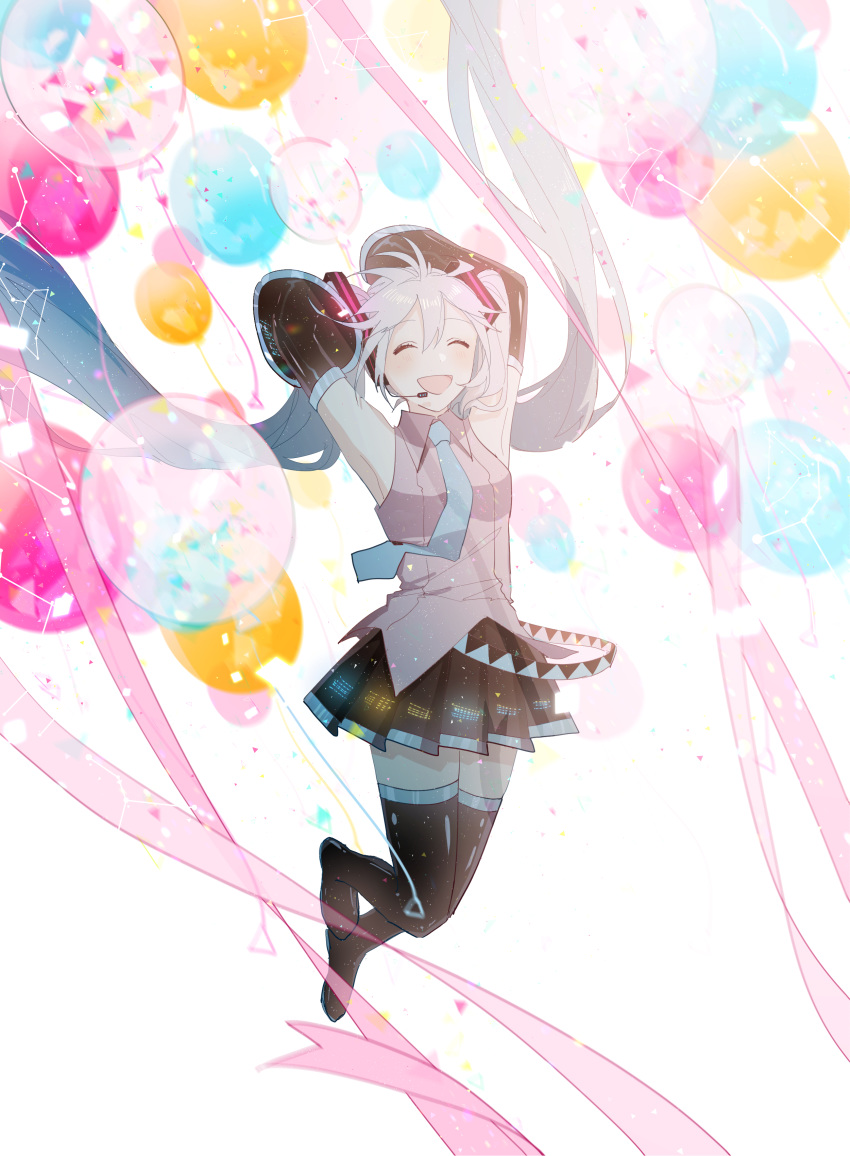 1girl, absurdres, aqua_hair, aqua_neckwear, arms_behind_head, arms_up, balloon, bare_shoulders