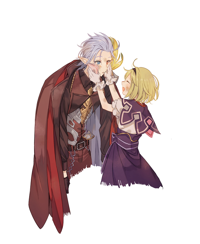 1boy, 1girl, a082, blonde_hair, blue_eyes, closed_eyes, dirty_face, djeeta_(granblue_fantasy)