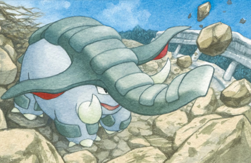 black_eyes, blue_sky, claws, clouds, cloudy_sky, creature, day, donphan, elephant, full_body, gen_2_pokemon, kimura_naoyo, no_humans, official_art, outdoors, pokemon, pokemon_(creature), pokemon_trading_card_game, rock, sky, solo, standing, third-party_source, tusks