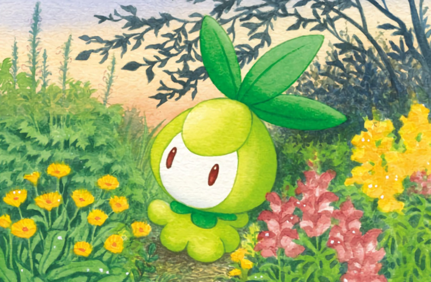 brown_eyes, creature, day, flower, full_body, gen_5_pokemon, grass, kimura_naoyo, no_humans, official_art, outdoors, petilil, plant, pokemon, pokemon_(creature), pokemon_trading_card_game, sky, solo, standing, third-party_source, wind