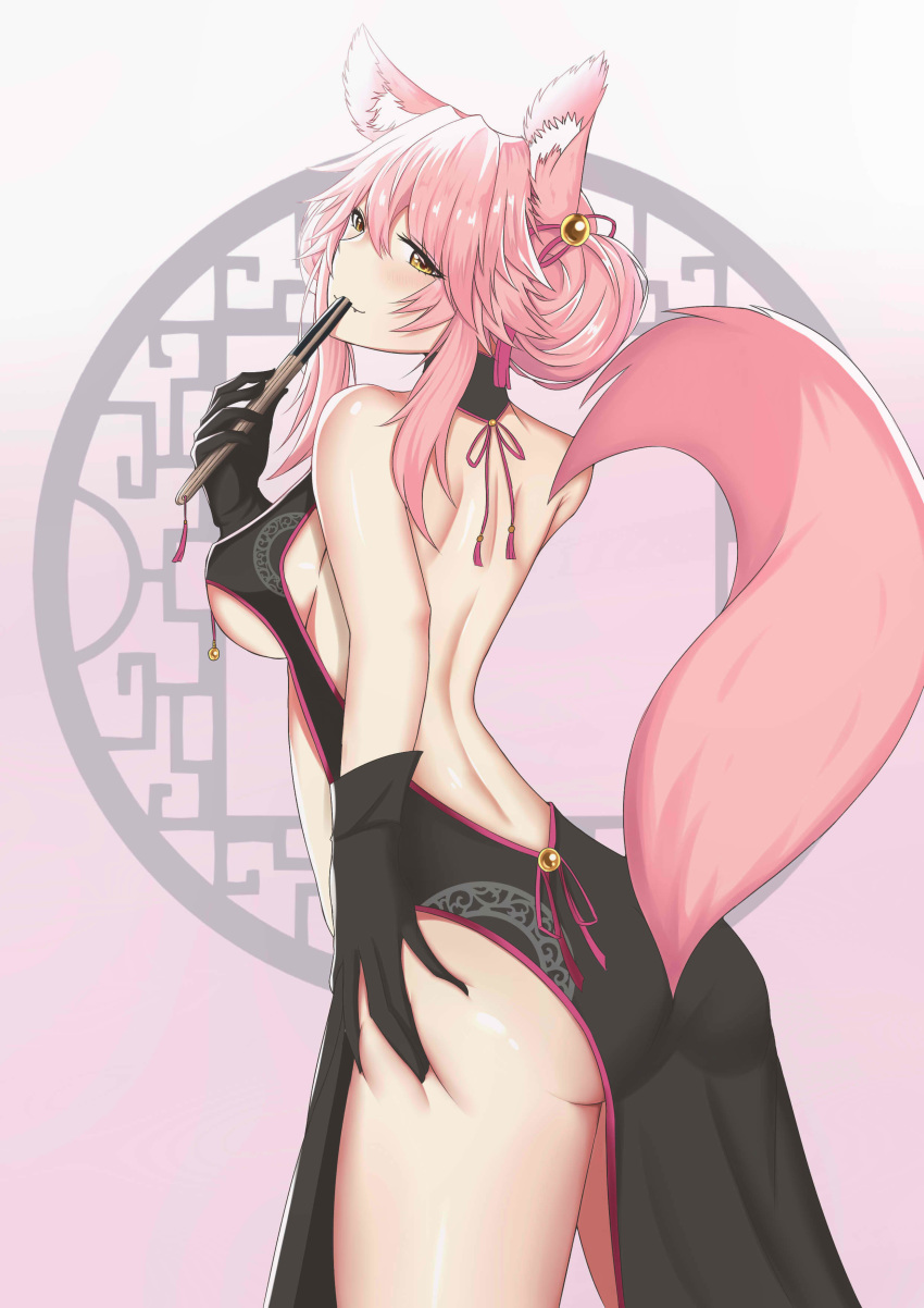 1girl, absurdres, animal_ears, ass, bangs, bare_shoulders, black_gloves, breasts, china_dress, chinese_clothes, dress, fate_(series), gloves, highres, koyanskaya, long_hair, looking_at_viewer, orange_eyes, pink_hair, simple_background, solo, tagme, tail, tight, zhl-