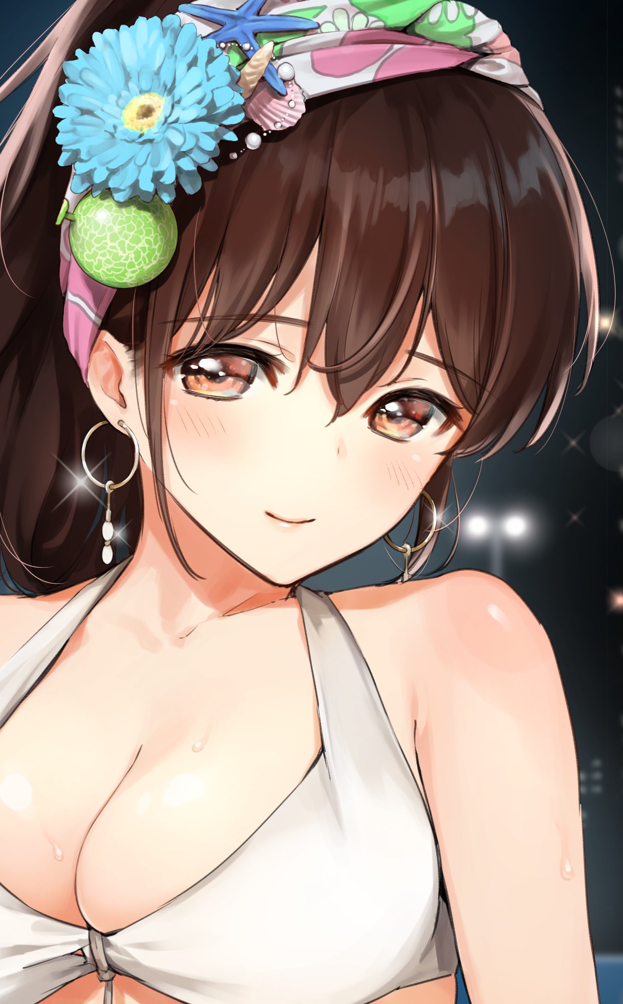 1girl, bikini, bikini_top, blue_flower, blush, breasts, brown_eyes, brown_hair