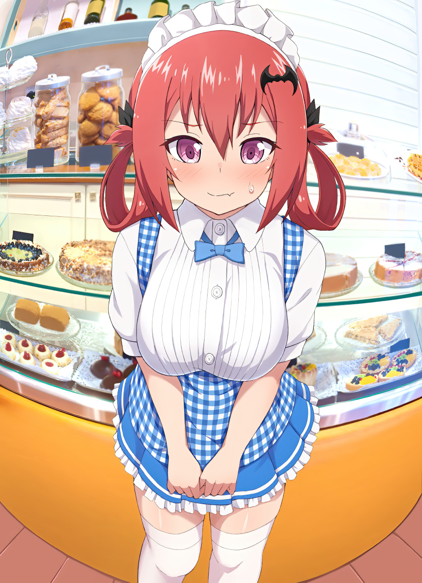 1girl, absurdres, bat_hair_ornament, blush, breasts, cake, closed_mouth, cookie
