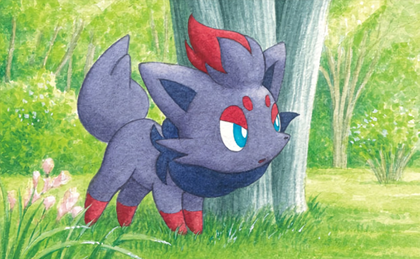 blue_eyes, creature, flower, forest, full_body, gen_5_pokemon, grass, kimura_naoyo, looking_away, nature, no_humans, official_art, outdoors, pokemon, pokemon_(creature), pokemon_trading_card_game, solo, standing, third-party_source, tree, zorua