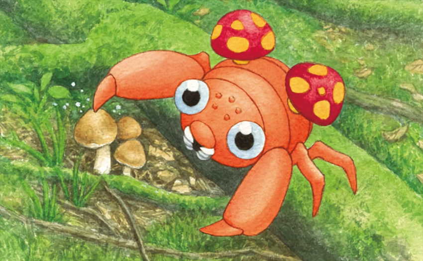 black_eyes, creature, full_body, gen_1_pokemon, grass, kimura_naoyo, mushroom, nature