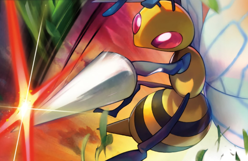 beedrill, clouds, creature, flying, gen_1_pokemon, iribi_you, motion_lines, no_humans, official_art, outdoors, pink_eyes, pokemon, pokemon_(creature), pokemon_trading_card_game, sky, solo, sparkle, third-party_source, twilight