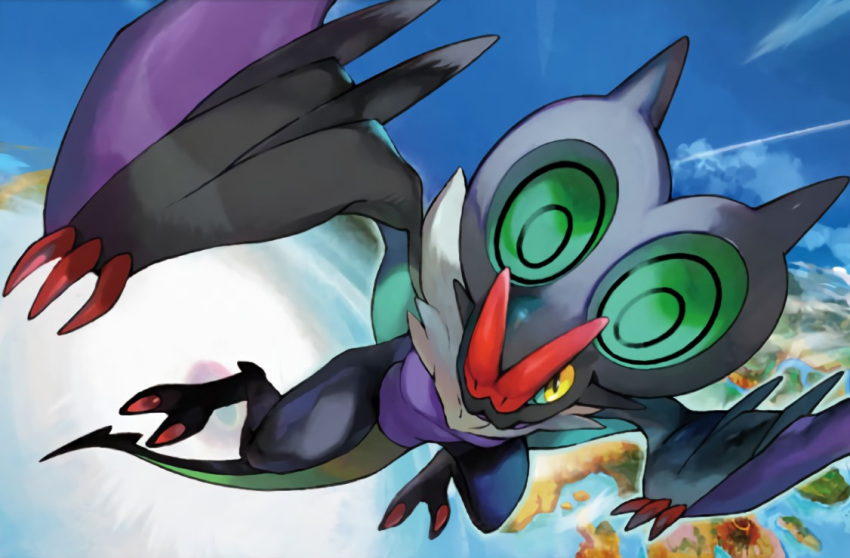 bat, blue_sky, claws, creature, day, flying, gen_6_pokemon, iribi_you, island, no_humans, noivern, ocean, official_art, pokemon, pokemon_(creature), pokemon_trading_card_game, sky, solo, third-party_source, volcano, water, yellow_eyes
