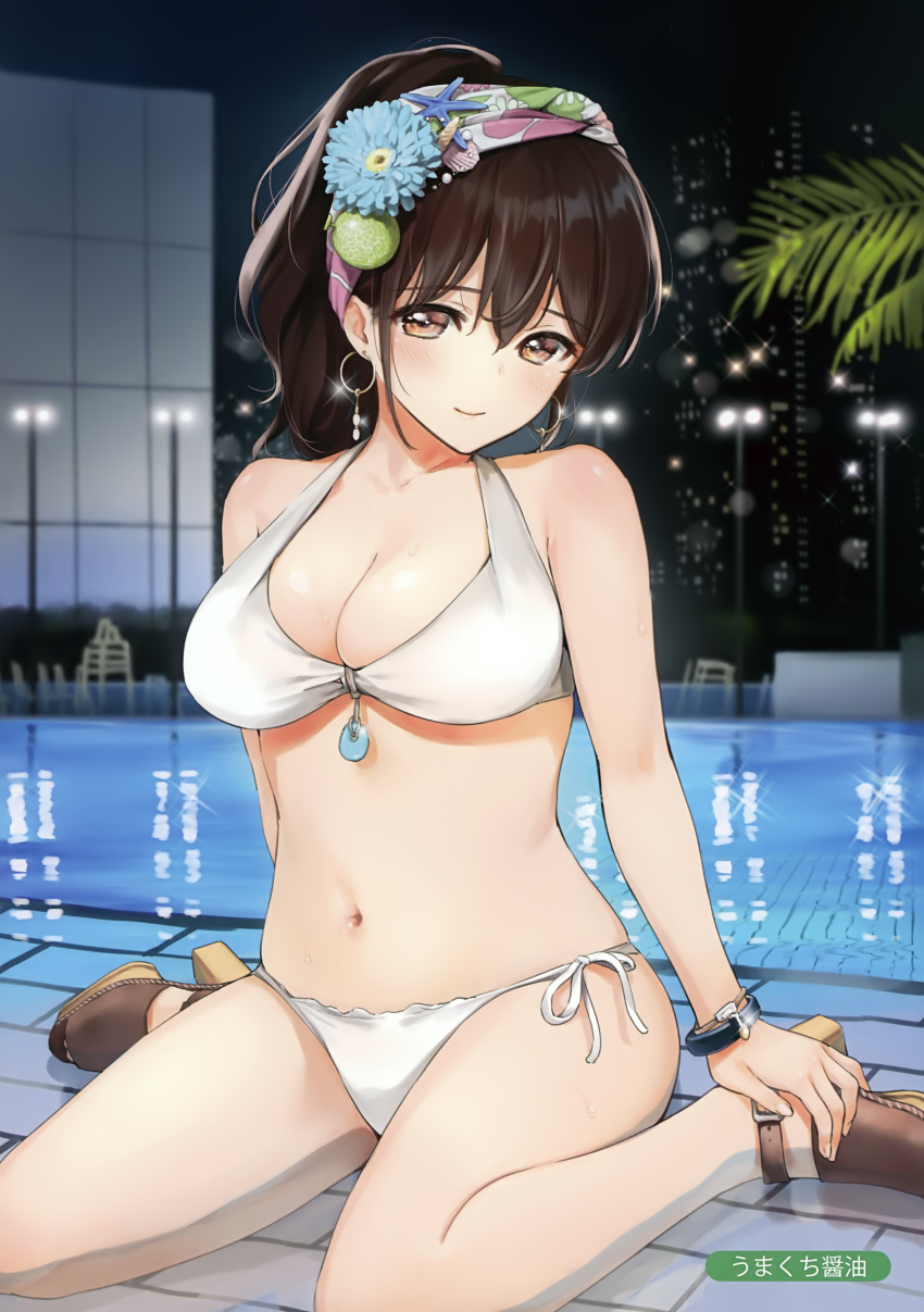 1girl, absurdres, bare_legs, bikini, blue_flower, blush, bracelet, breasts