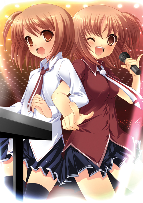 ahoge, arm_clutch, back-to-back, blush, brown_eyes, brown_hair, chikubaen, dna_the_second
