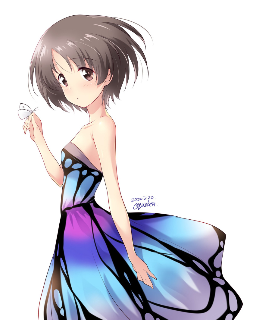 1girl, artist_name, bare_shoulders, blush, breasts, brown_eyes, brown_hair, bug, butterfly, butterfly_dress, collarbone, dated, dress, eyebrows_visible_through_hair, girls_und_panzer, highres, insect, kuzuryuu_kennosuke, looking_at_viewer, maruyama_saki, open_mouth, shiny, shiny_hair, shiny_skin, short_hair, simple_background, small_breasts, solo, standing, upper_body, white_background