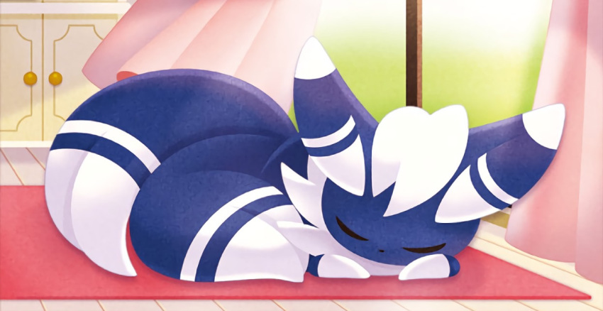 0313, closed_eyes, creature, curtains, full_body, gen_6_pokemon, indoors, meowstic_(male), no_humans, official_art, pokemon, pokemon_(creature), pokemon_trading_card_game, sleeping, solo, third-party_source