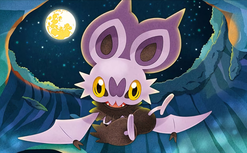 0313, creature, fangs, flying, full_moon, gen_6_pokemon, looking_at_viewer, moon, night, night_sky, no_humans, noibat, official_art, outdoors, pokemon, pokemon_(creature), pokemon_trading_card_game, sky, solo, star_(sky), starry_sky, third-party_source, yellow_eyes
