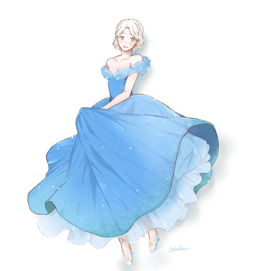 1girl, artist_name, bangs, bare_shoulders, blonde_hair, blue_dress, blush, breasts