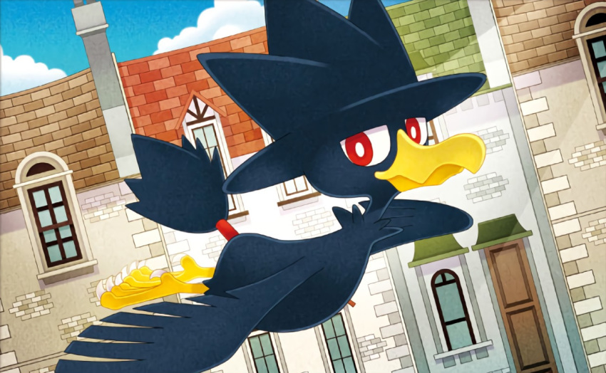 0313, bird, bird_focus, blue_sky, clouds, cloudy_sky, creature, day, door, flying, full_body, gen_2_pokemon, house, looking_at_viewer, murkrow, no_humans, official_art, outdoors, pokemon, pokemon_(creature), pokemon_trading_card_game, red_eyes, sky, solo, window