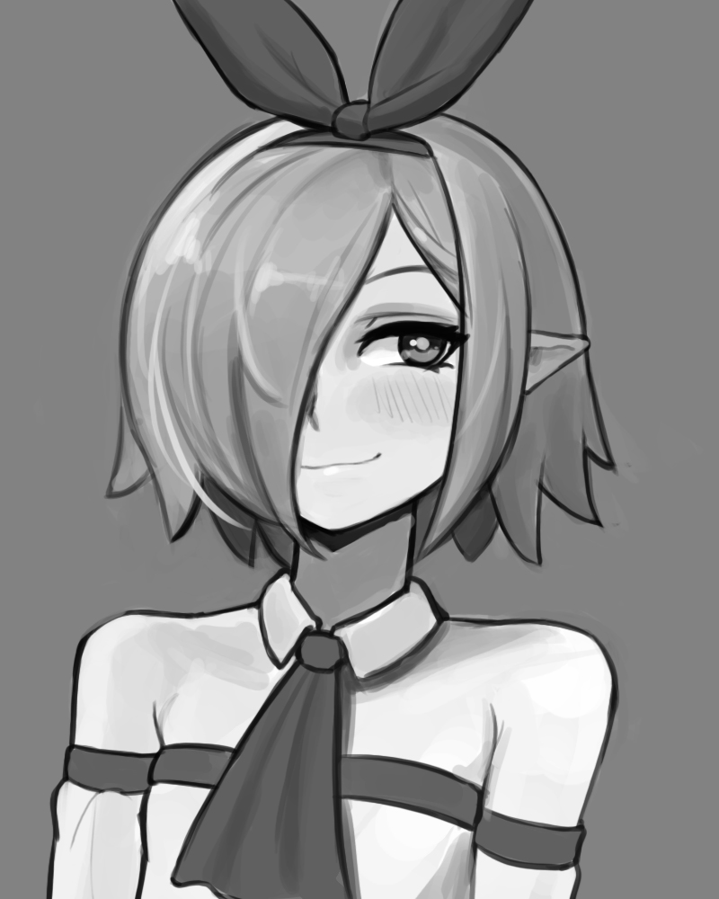 1girl, bare_shoulders, blush, detached_sleeves, disgaea, donburikazoku, greyscale, hair_over_one_eye, hair_ribbon, monochrome, pleinair, pointy_ears, ribbon, short_hair, solo