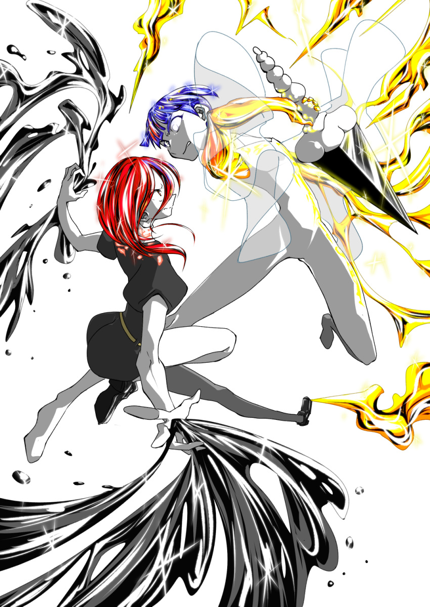 2others, bangs, black_shorts, blue_hair, blunt_bangs, collared_shirt, crystal_hair, enoki-kou