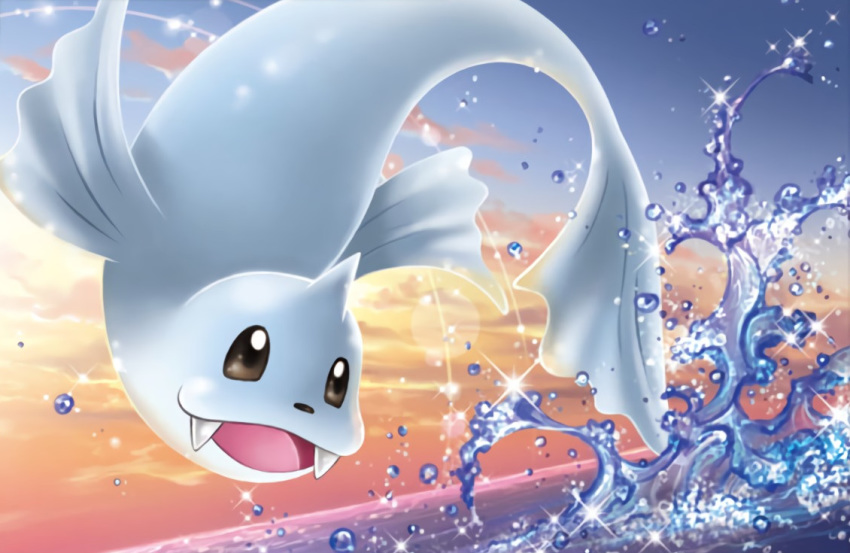:d, black_eyes, blue_sky, creature, day, dewgong, fangs, full_body