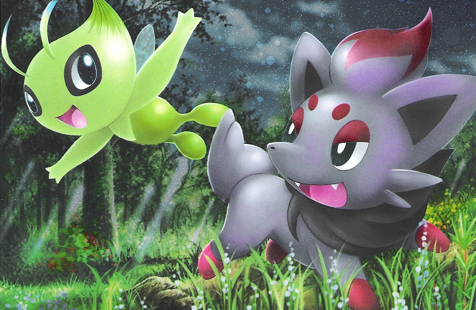 :d, creature, eye_contact, flying, full_body, gen_2_pokemon, gen_5_pokemon, happy, himeno_kagemaru, looking_at_another, no_humans, open_mouth, pokemon, pokemon_(creature), pokemon_trading_card_game, smile, third-party_source, zorua