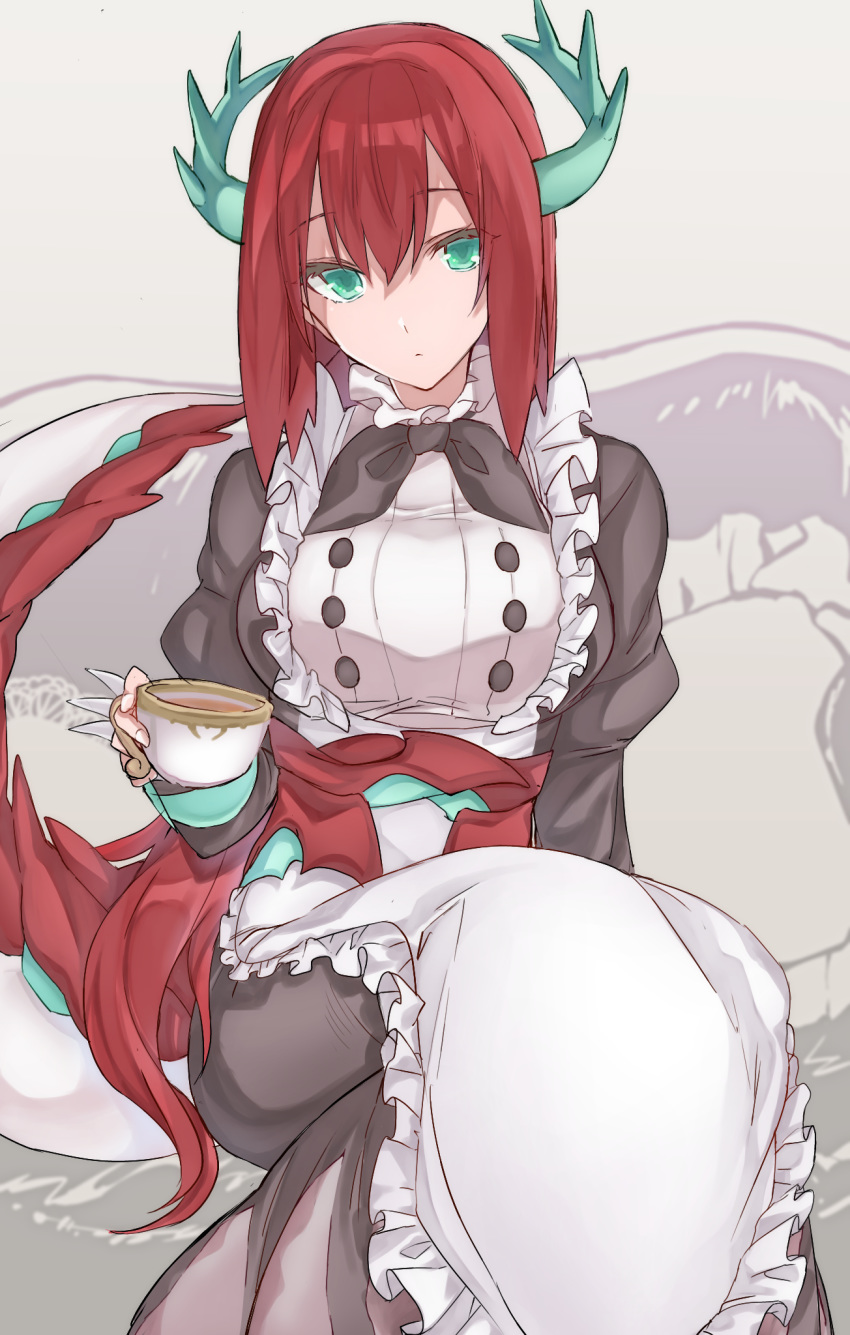 1girl, apron, bangs, black_dress, breasts, cup, dragon_girl, dragon_horns