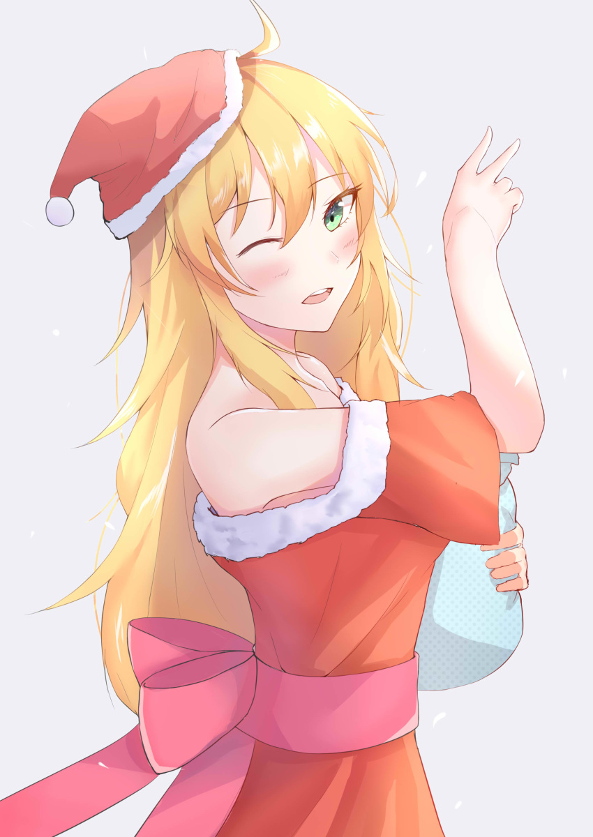 1girl, absurdres, belt, blonde_hair, blush, christmas_dress, christmas_tree_hat, green_eyes