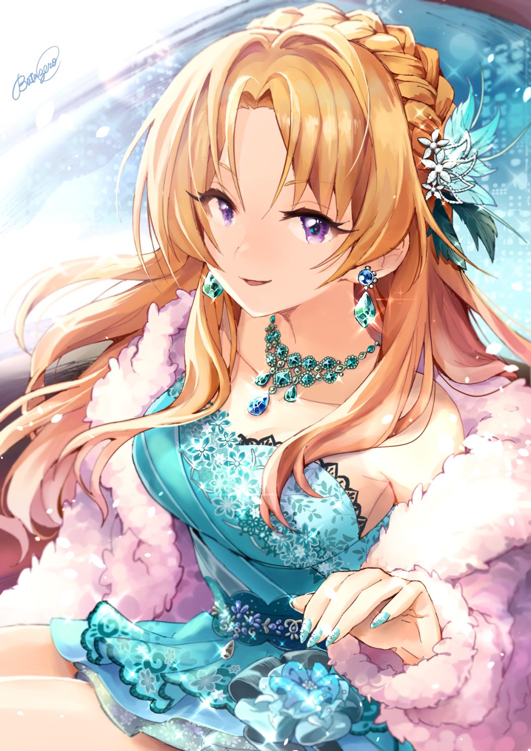 1girl, bangs, blonde_hair, blue_dress, blue_nails, braid, coat, collarbone