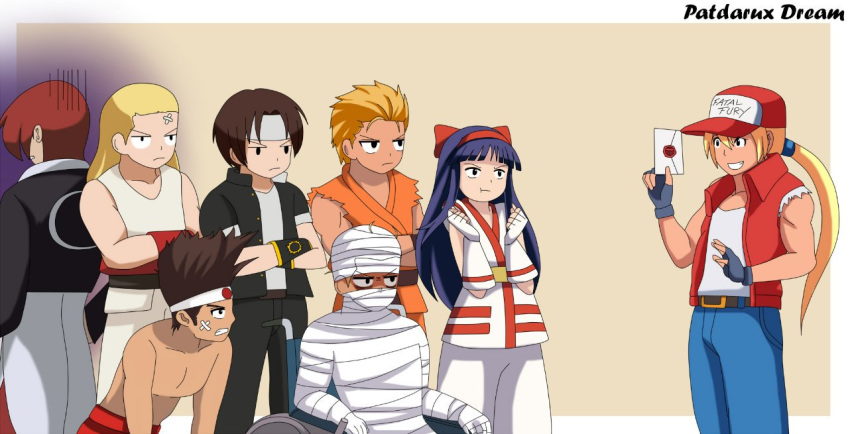 1girl, 6+boys, andy_bogard, artist_name, bandages, black_hair, blonde_hair, brown_hair