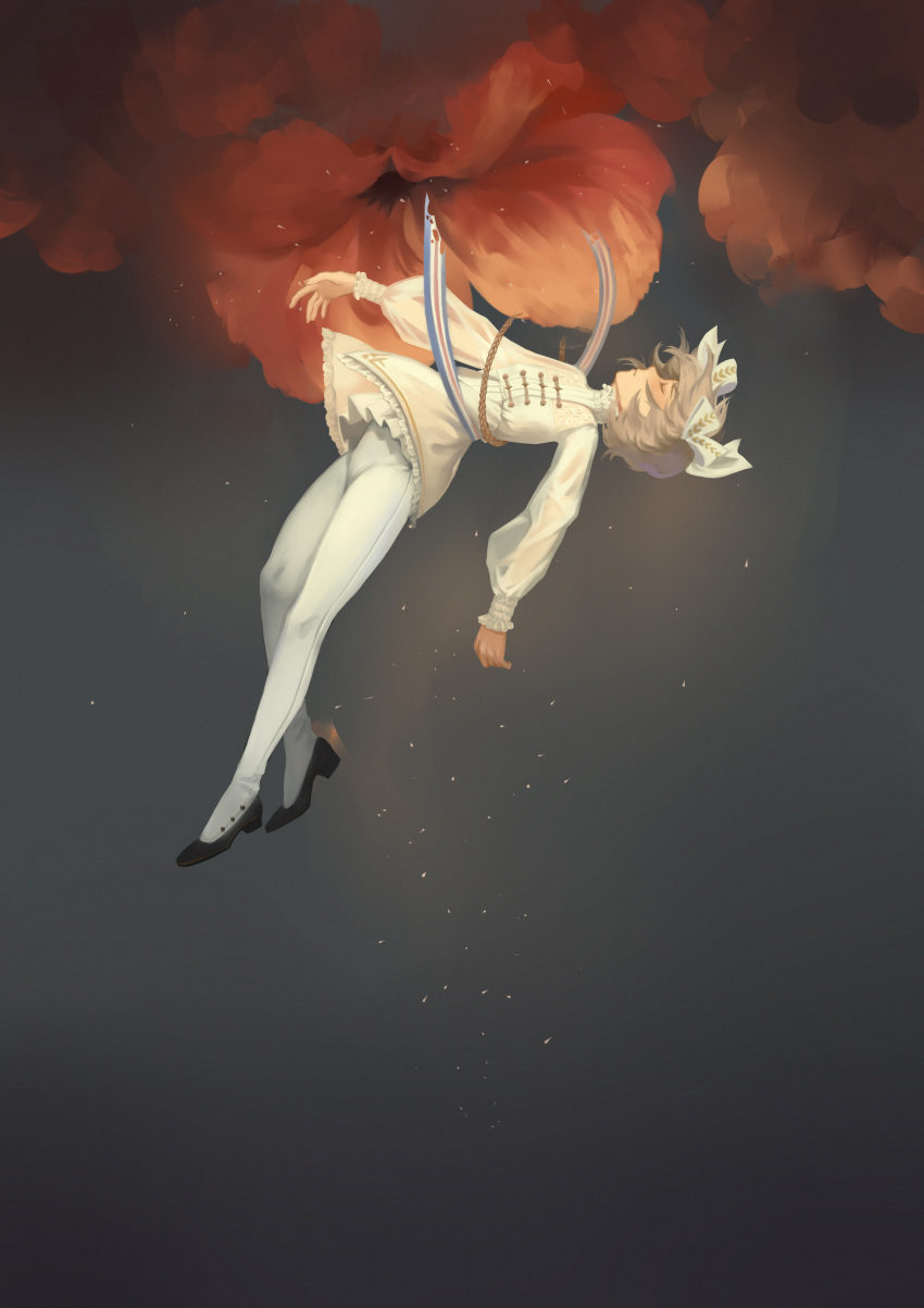 1girl, absurdres, arm_hanging, black_background, black_footwear, bow, brocade, brown_hair