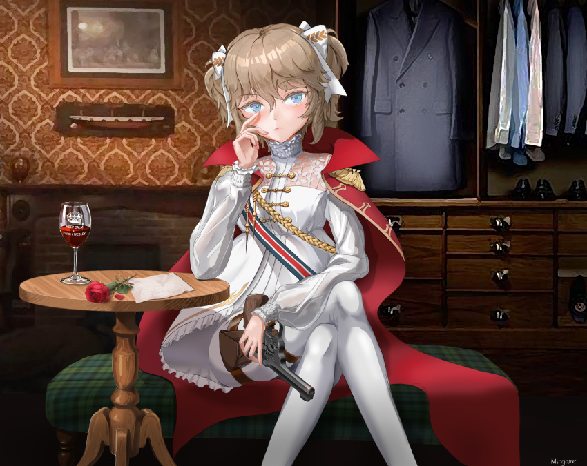 1girl, absurdres, alcohol, ass, bench, blue_coat, blue_eyes, bow
