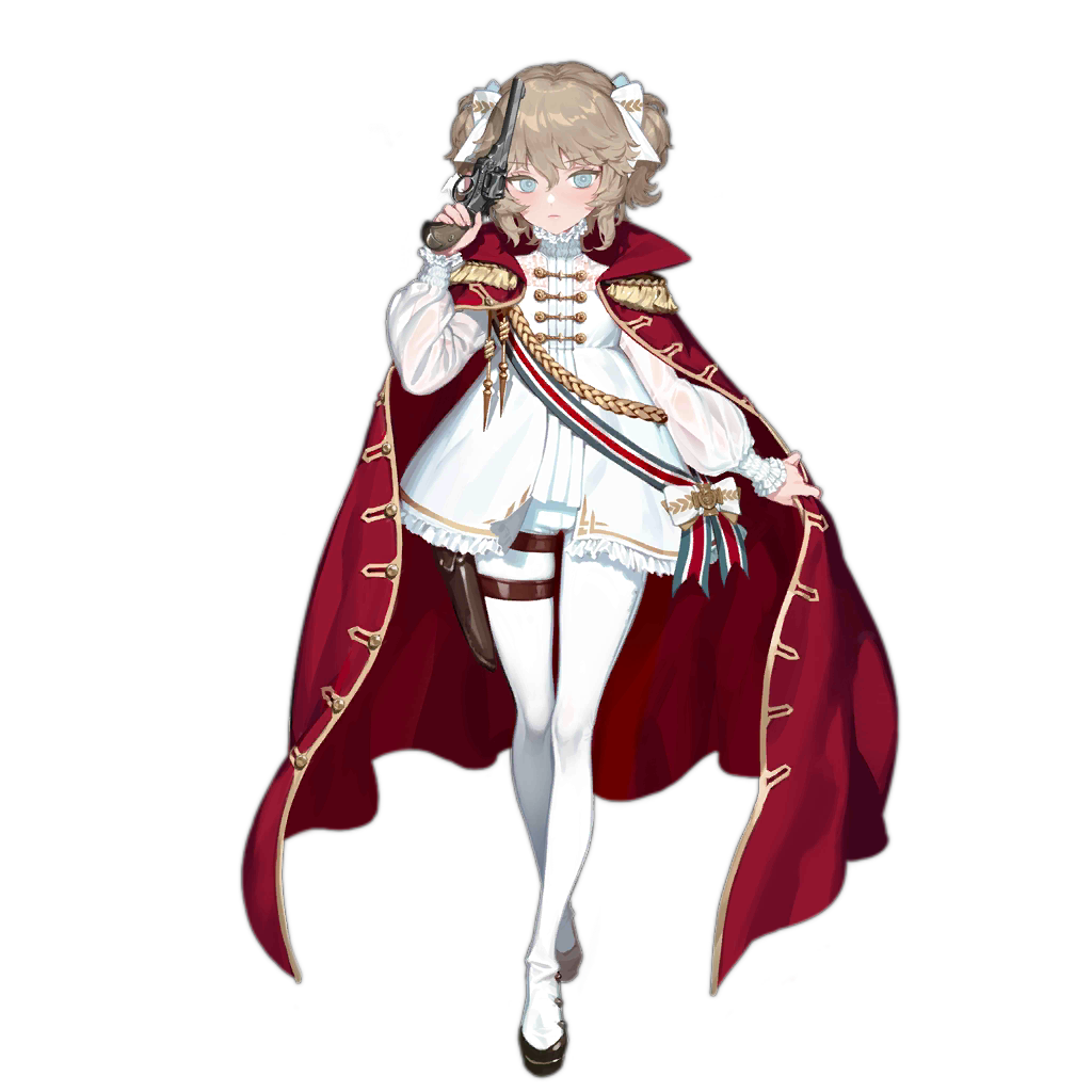 1girl, bow, brocade, brown_hair, cape, cape_lift, closed_mouth, crossed_legs, dress, epaulettes, frilled_shirt_collar, frills, full_body, girls_frontline, gold_trim, grey_eyes, gun, hair_bow, handgun, high_collar, holding, holding_gun, holding_weapon, holster, knees, lace, leaf_print, legs, long_sleeves, looking_to_the_side, maltese_cross, official_art, pantyhose, puffy_sleeves, red_cape, revolver, seamed_legwear, side-seamed_legwear, silverwing, solo, striped, striped_bow, thigh_holster, translucent, transparent_background, trigger_discipline, tsurime, two_side_up, walking, watson_cross, weapon, webley_revolver, webley_revolver_(girls_frontline), white_bow, white_dress, white_legwear