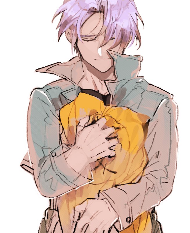 1boy, closed_eyes, closed_mouth, clothes_grab, clothes_writing, d89im, denim, denim_jacket