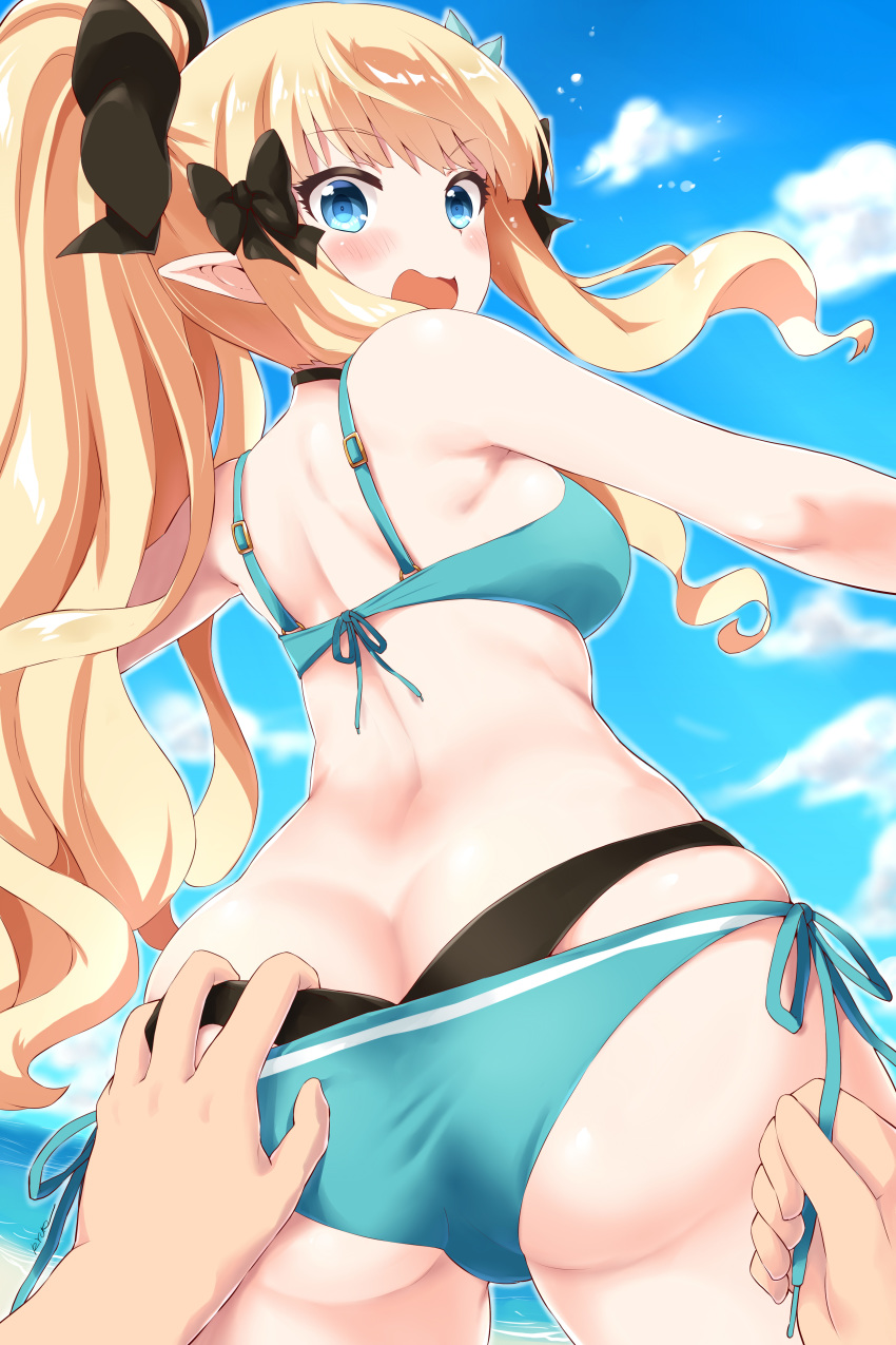 1girl, 1other, absurdres, aqua_bikini, ass, bangs, bare_arms, bare_shoulders