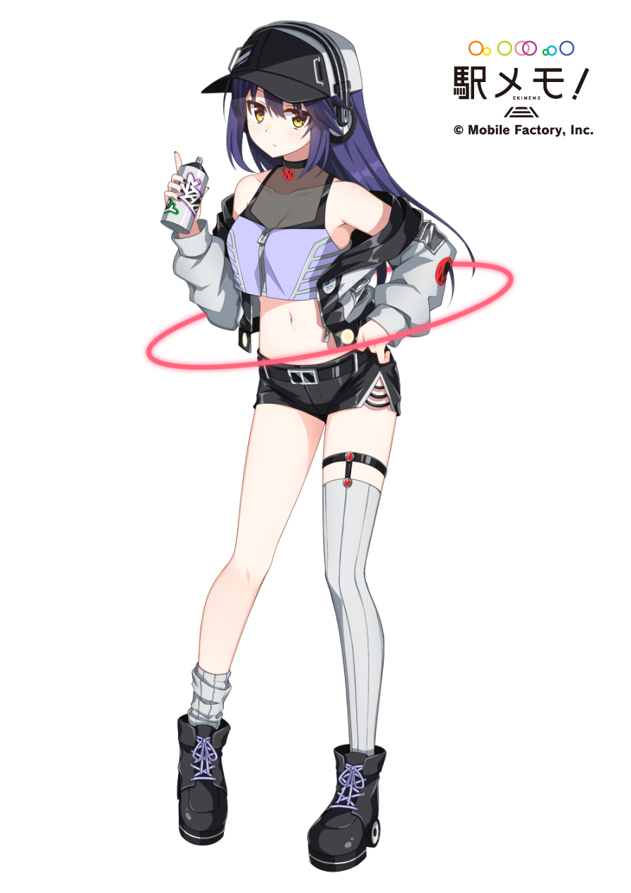 1girl, armpits, asymmetrical_legwear, bare_shoulders, baseball_cap, belt, black_nails, black_shorts
