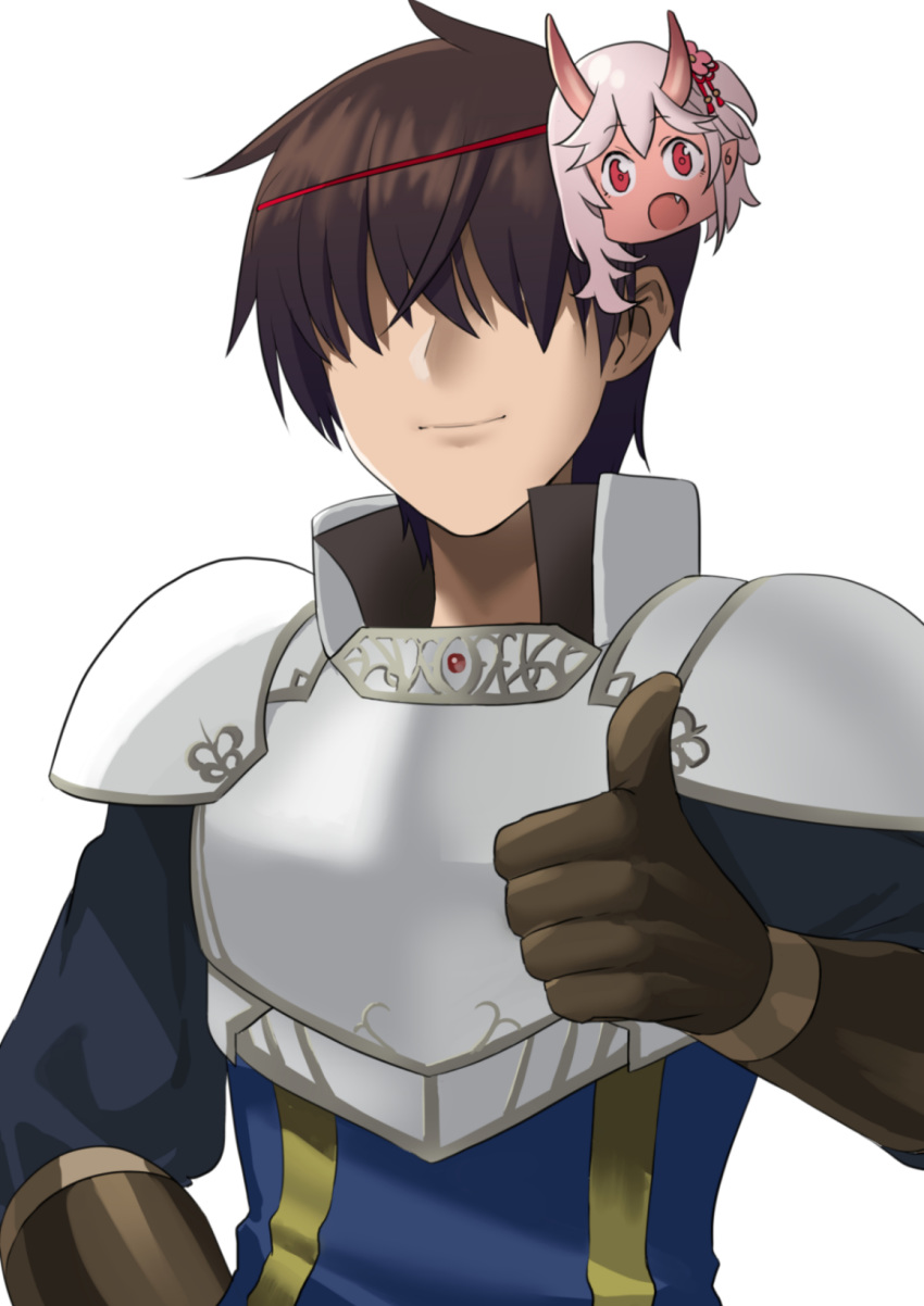 1boy, armor, brown_gloves, brown_hair, gloves, hair_over_eyes, hand_on_hip, highres