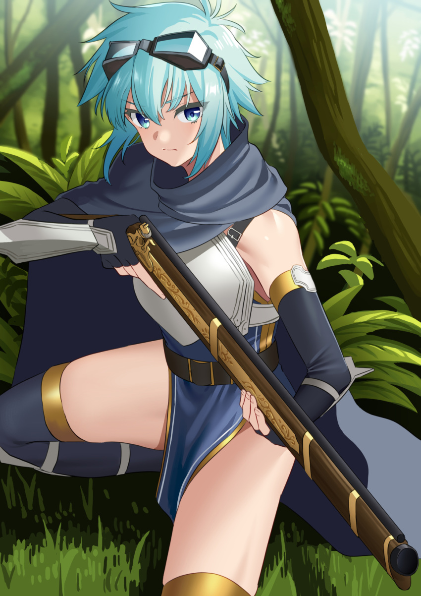 1girl, armor, belt, black_gloves, blue_eyes, blue_hair, cape, day, elbow_gloves, fingerless_gloves, forest, gloves, goggles, goggles_on_head, grass, grey_cape, grey_legwear, gun, highres, holding, holding_weapon, mizuki_eiru_(akagi_kurage), nature, outdoors, rosel_(sennen_sensou_aigis), sennen_sensou_aigis, short_hair, solo, thigh-highs, weapon